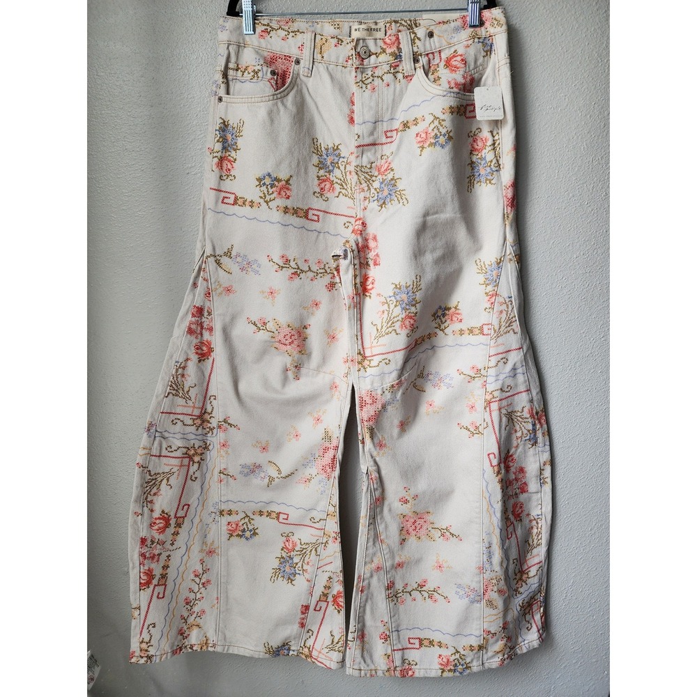 We The Free Eden Slouch Jeans Ivory Combo Cross Stitch Floral Wide Leg Pants 31